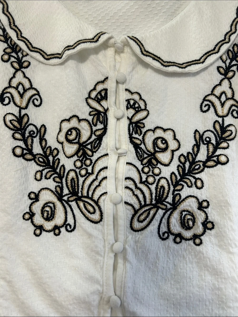 Anthropologie White Blouse with Black Embroidery